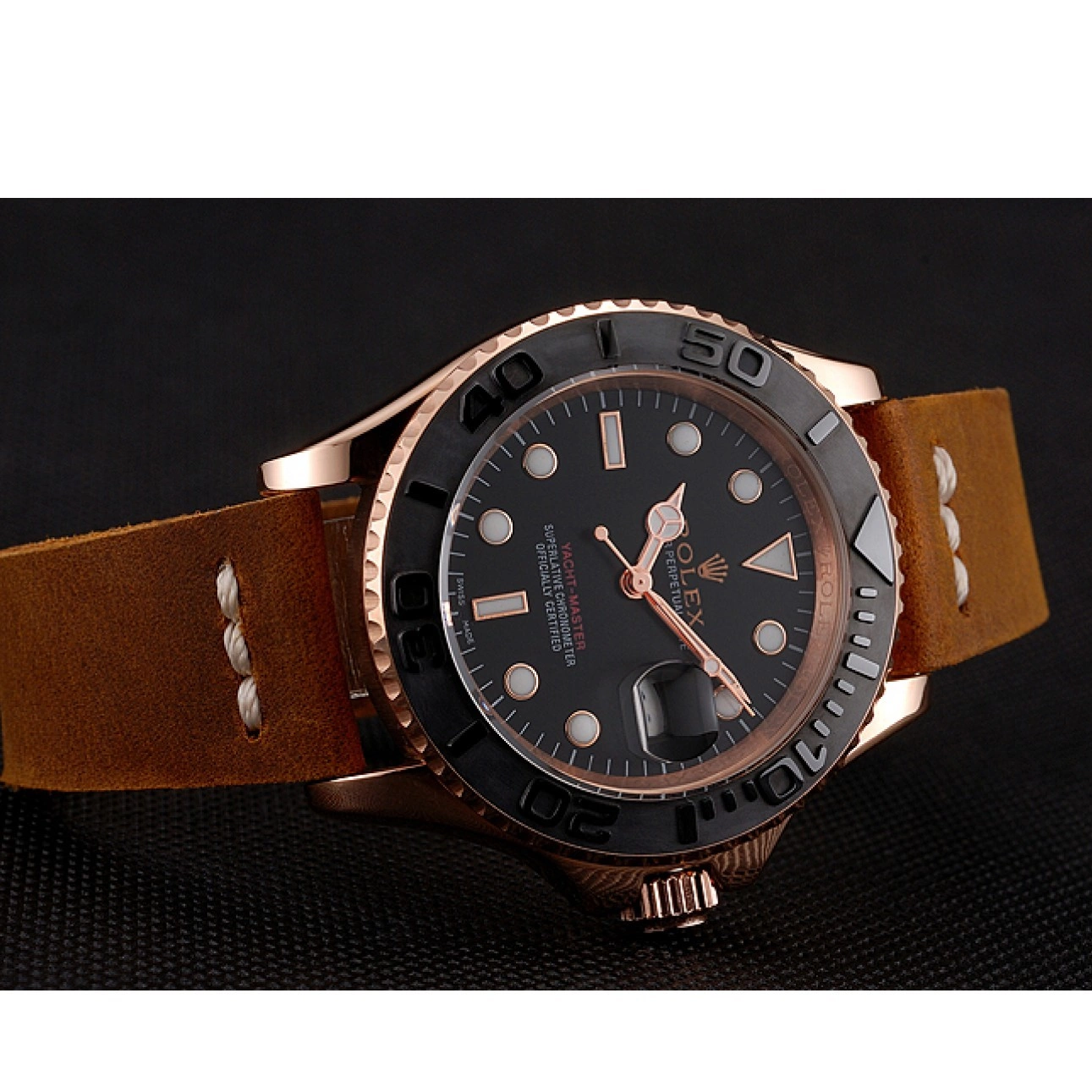 Rolex aaa copy Leather Black 1453861 Rose Case Gold Master Bracelet Rolex Yacht Brown Dial 0616